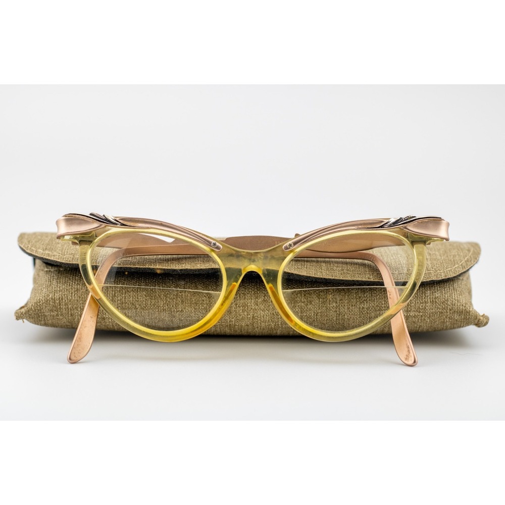 Vintage 1950s Cat Eye Eyeglasses Frames Yellow Lucite Rose Gold USA Retro w/ Cas